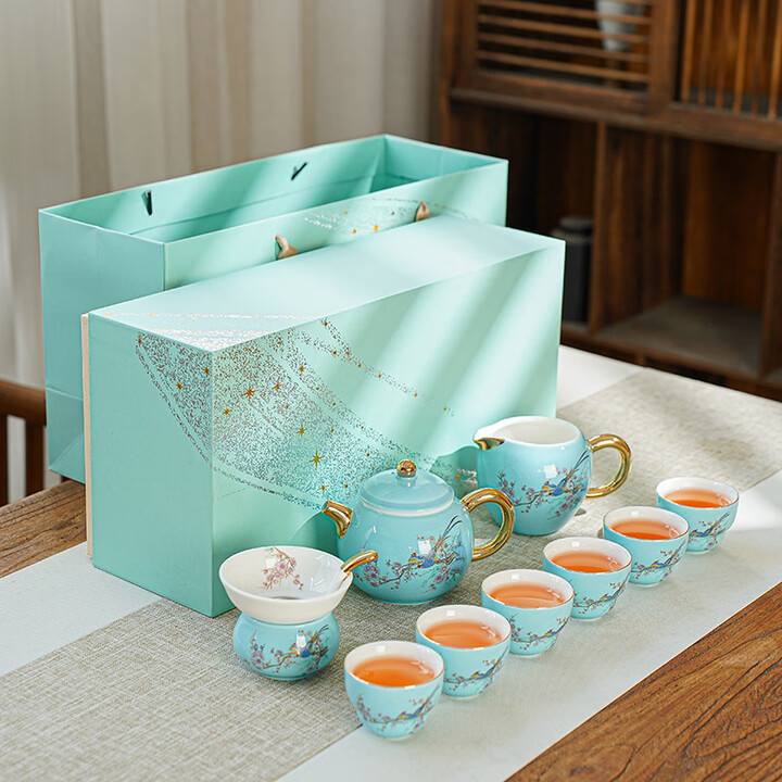 商務(wù)辦公禮品喜上眉梢羊脂玉瓷茶具描金輕奢高檔禮盒套裝